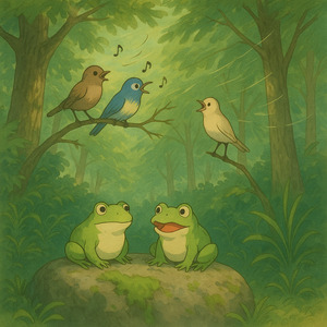 Birds chirp, wind blows and frogs croak