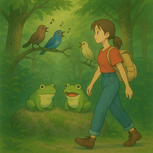 Birds chirp, wind blows and frogs croak with a footsteps approaching