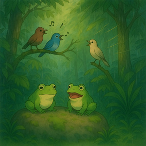 Birds chirp, wind blows and frogs croak with a rainy atmosphere