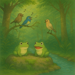 Birds chirp, wind blows and frogs croak with a small river going by