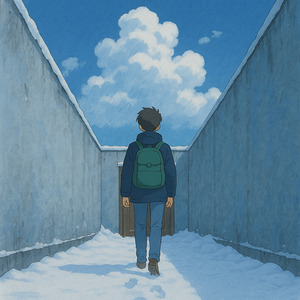 A door is opening and closing and footsteps are occurring on snow