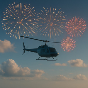 A helicopter flying in the distance with fireworks