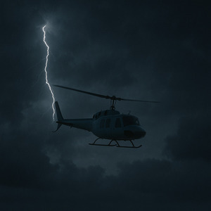 A helicopter flying in the distance with thunder