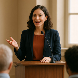 A woman gives a speech