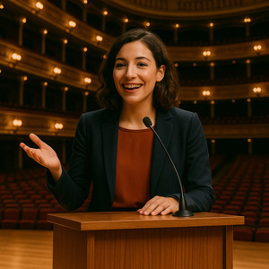 A woman gives a speech in a large concert hall