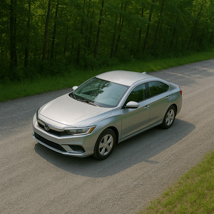 A car is passing by on a gravel road with leaves rustling