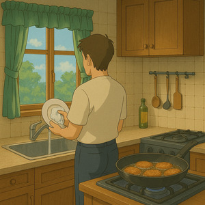 Frying food is sizzling with someone doing the dishes