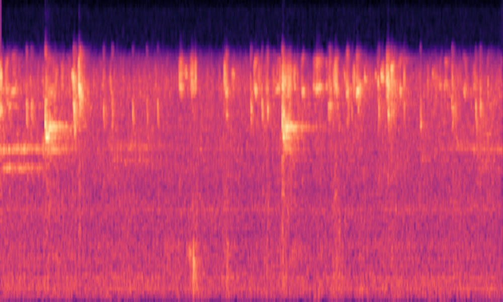 Mel spectrogram of 'Birds chirp as a metallic object strikes a surface'