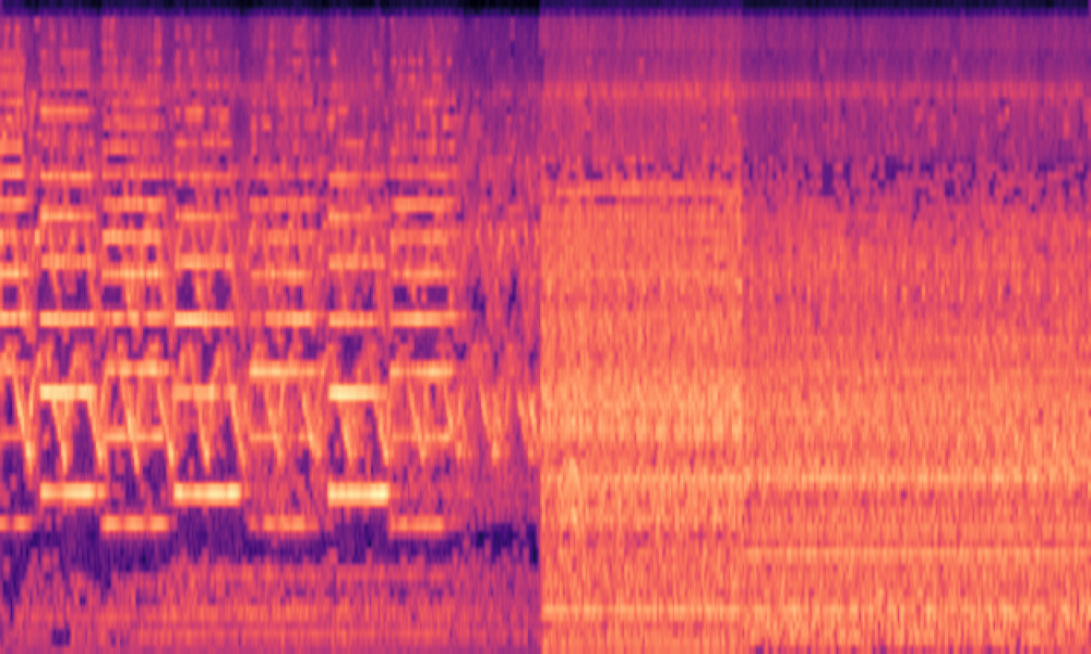 Mel spectrogram of 'An emergency siren wailing followed by a motorcycle engine running idle'