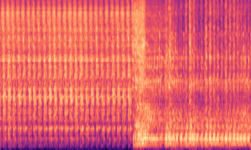 Mel spectrogram of 'A vehicle engine starting up then running idle with the echo of a tunnel'