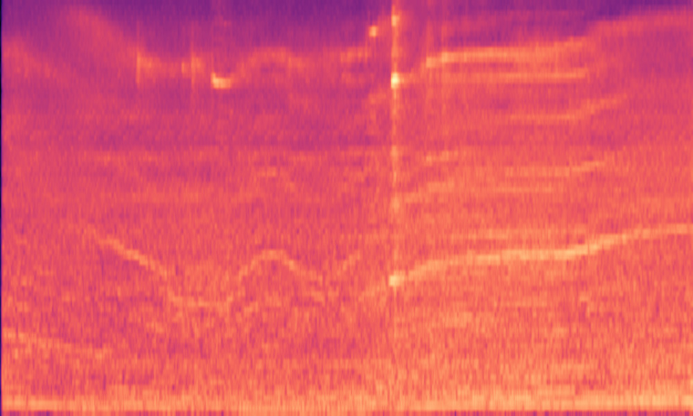 Mel spectrogram of 'A bus engine slowing down with brakes squealing then accelerating'