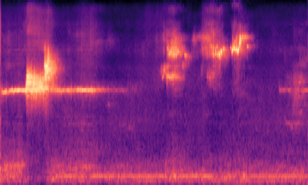 Mel spectrogram of 'Birds chirp as a metallic object strikes a surface'