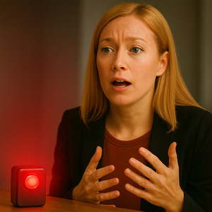 An alarm beeps while a woman speaks