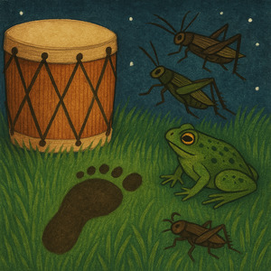 Drums, footsteps, frogs, and crickets are heard