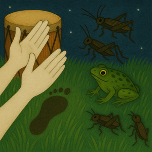 Claps, footsteps, frogs, and crickets are heard